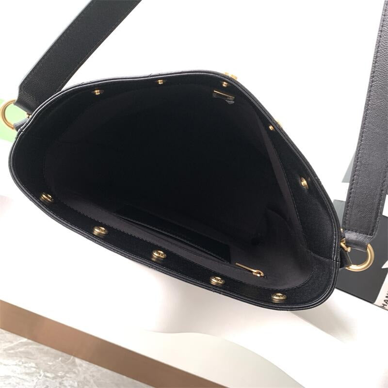 Medium Shiny Leather Button Bucket Bag 0425031806