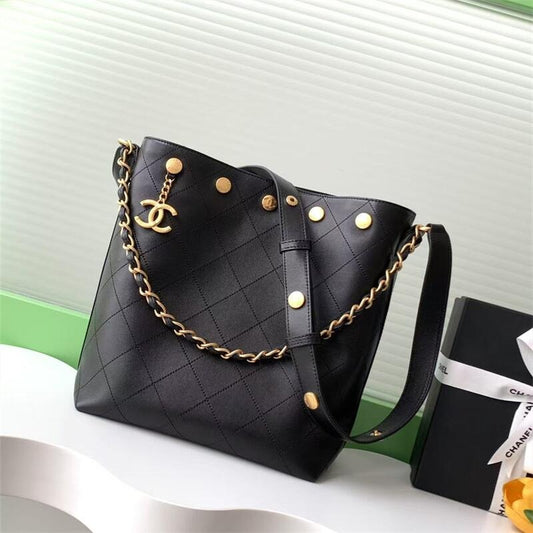 Medium Shiny Leather Button Bucket Bag 0425031806