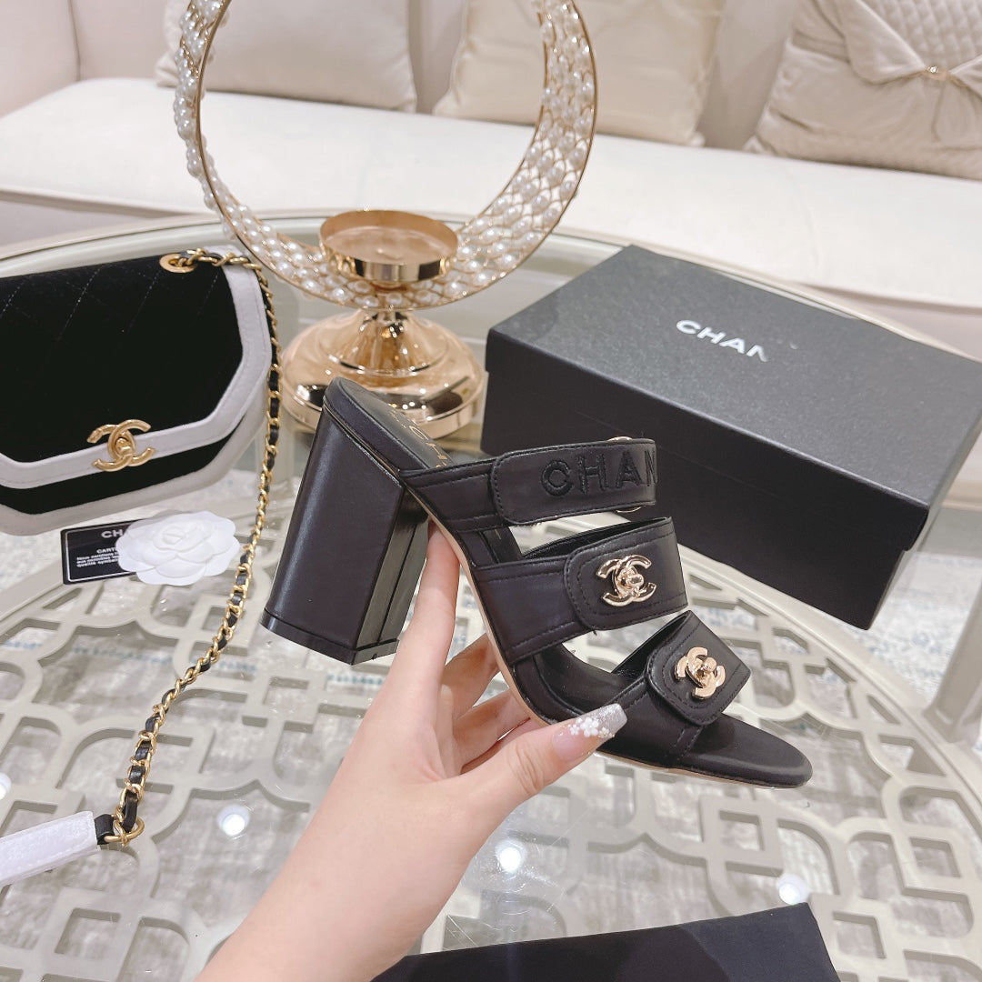 23 CL Latest Double C Logo Buckle High Heel Slippers XC04070703