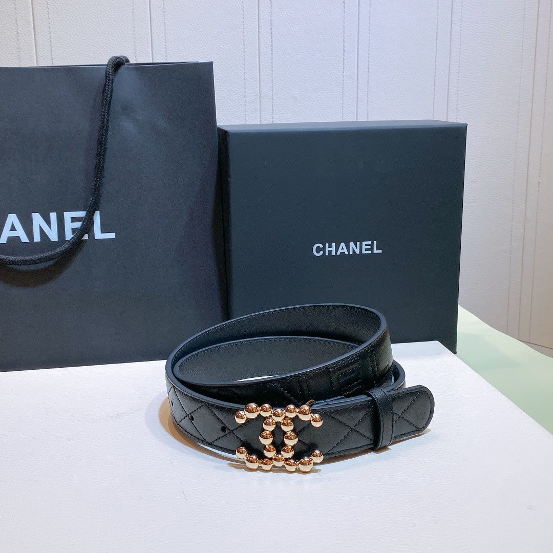 CHA Belt With Double C Buckle Black Gold-Toned Hardware Women Belt 0425022412