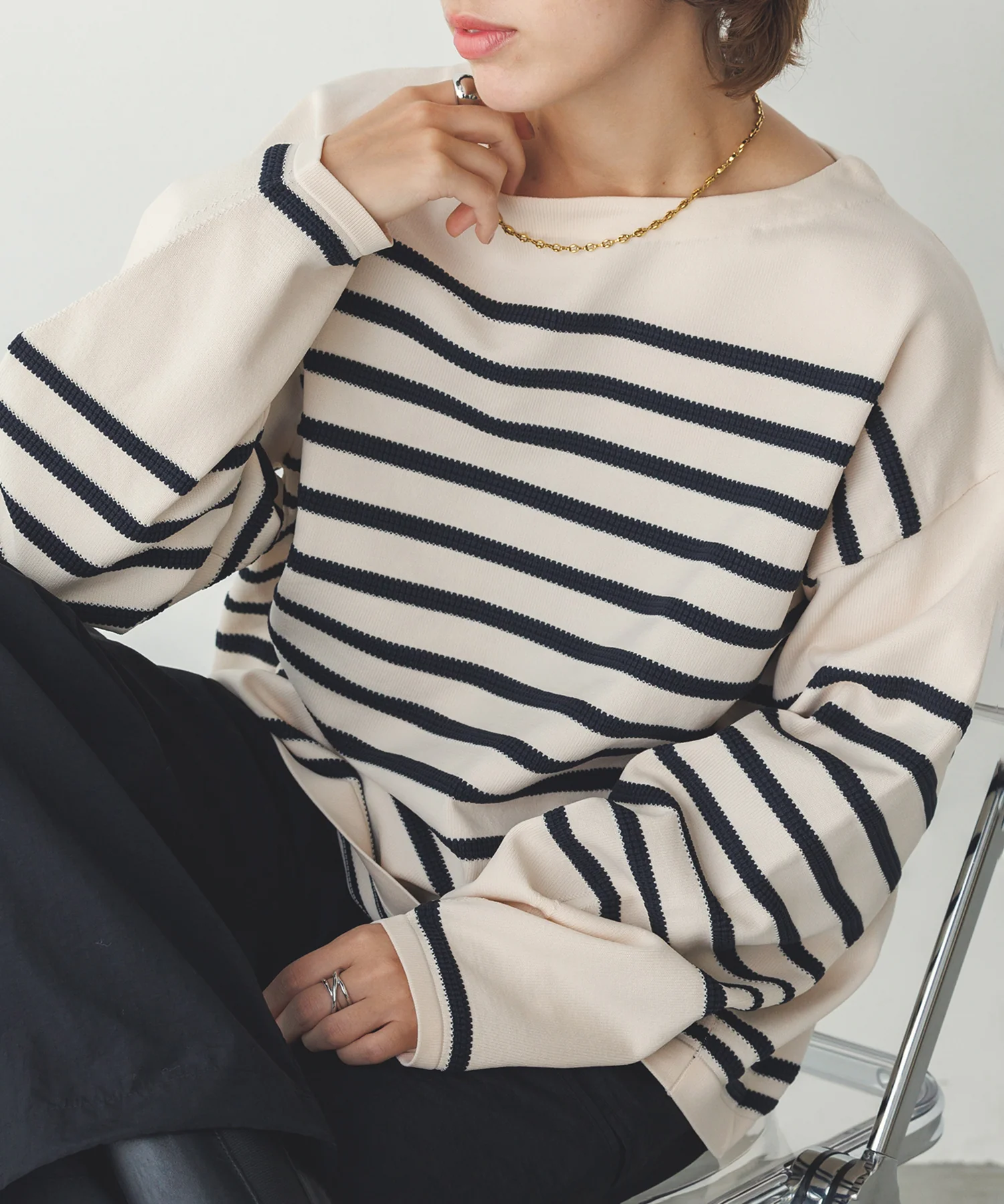 スポンディッシュ 柄編みボーダーニット