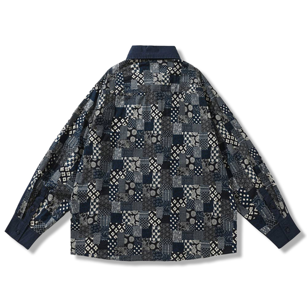レトロ風パッチワークペイズリー柄長袖シャツ