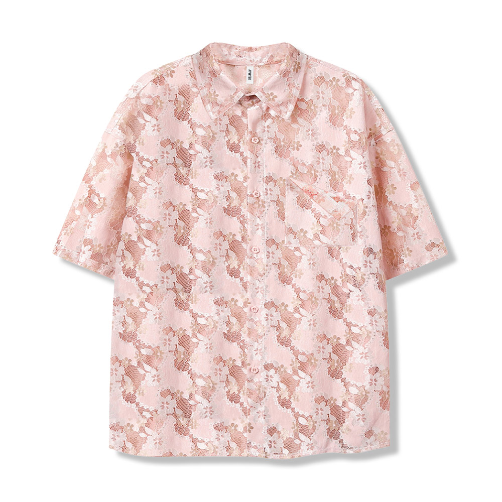 桜柄透かし彫りレース半袖シャツ
