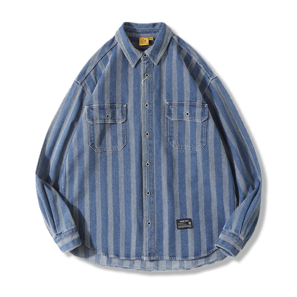 ストライプ柄　ヘビーウェイトウォッシュデニムシャツ