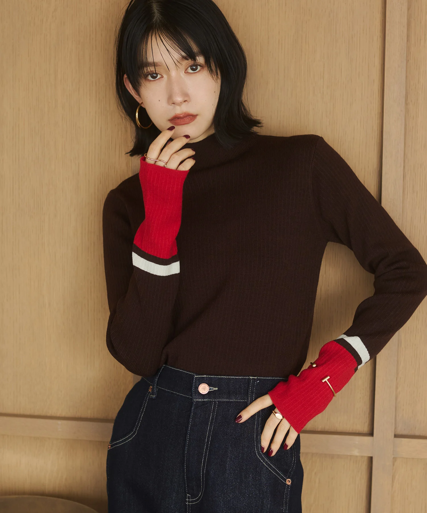 【静電気防止】やわもちヤーン 袖配色 ハイネックリブニット