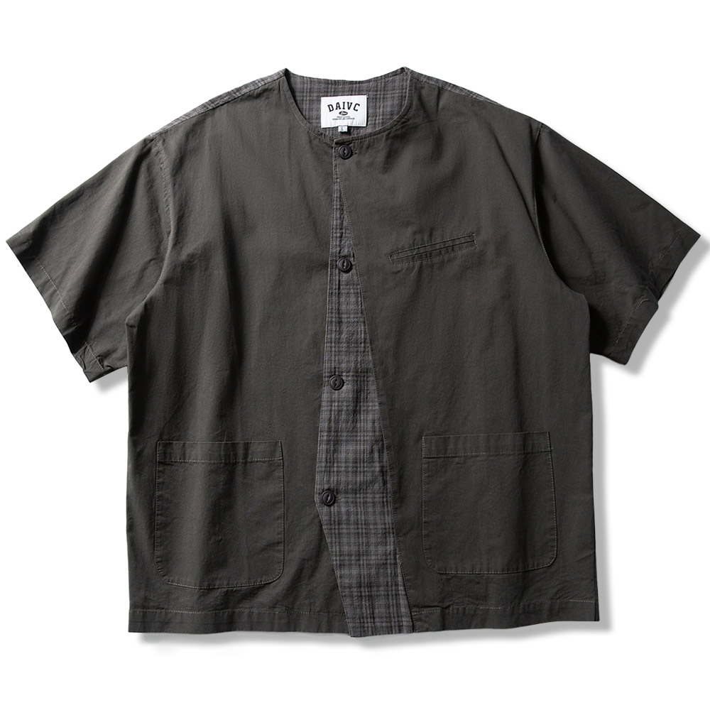 チェック柄切り替え　和風ノーカラーシャツ半袖