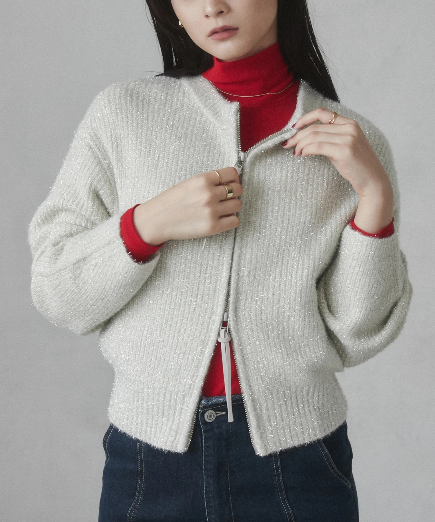 ラメフェザーニット Wジップブルゾン