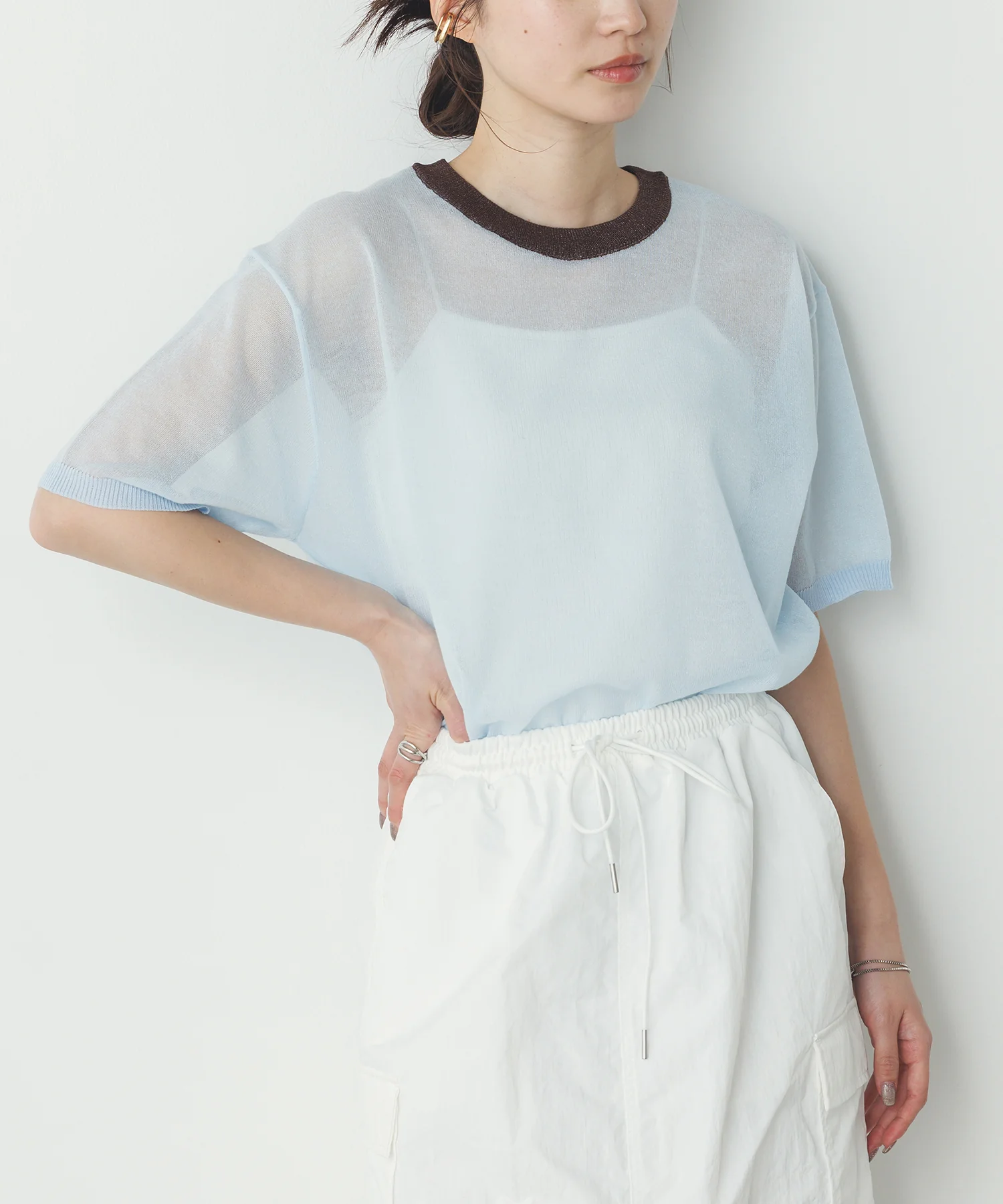 バイカラー シアー半袖ニット