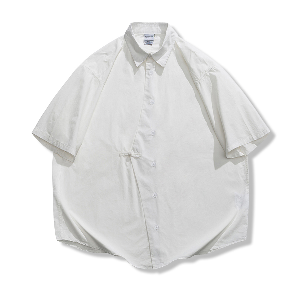 2色展開　無地斜め前立てチャイナボタン半袖シャツ