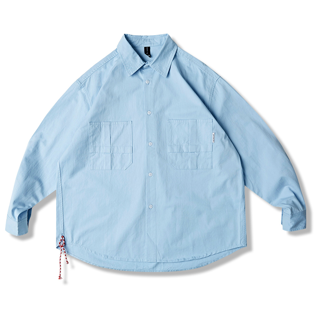 高密度ヘビーウェイト　裾赤ドローストリング付きコットン長袖シャツ