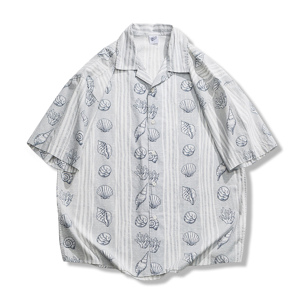 貝化石プリント　オープンカラーシャツ