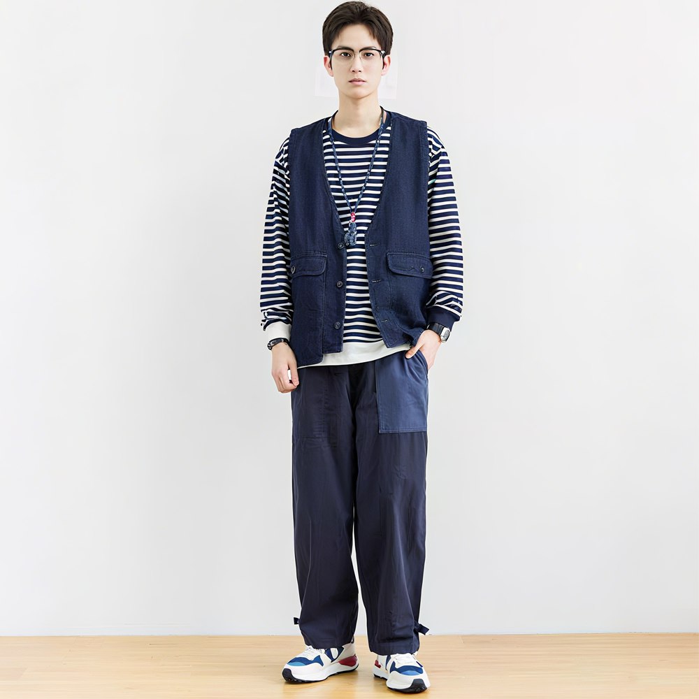 スラブコットン配色切り替えワイドカーゴパンツ