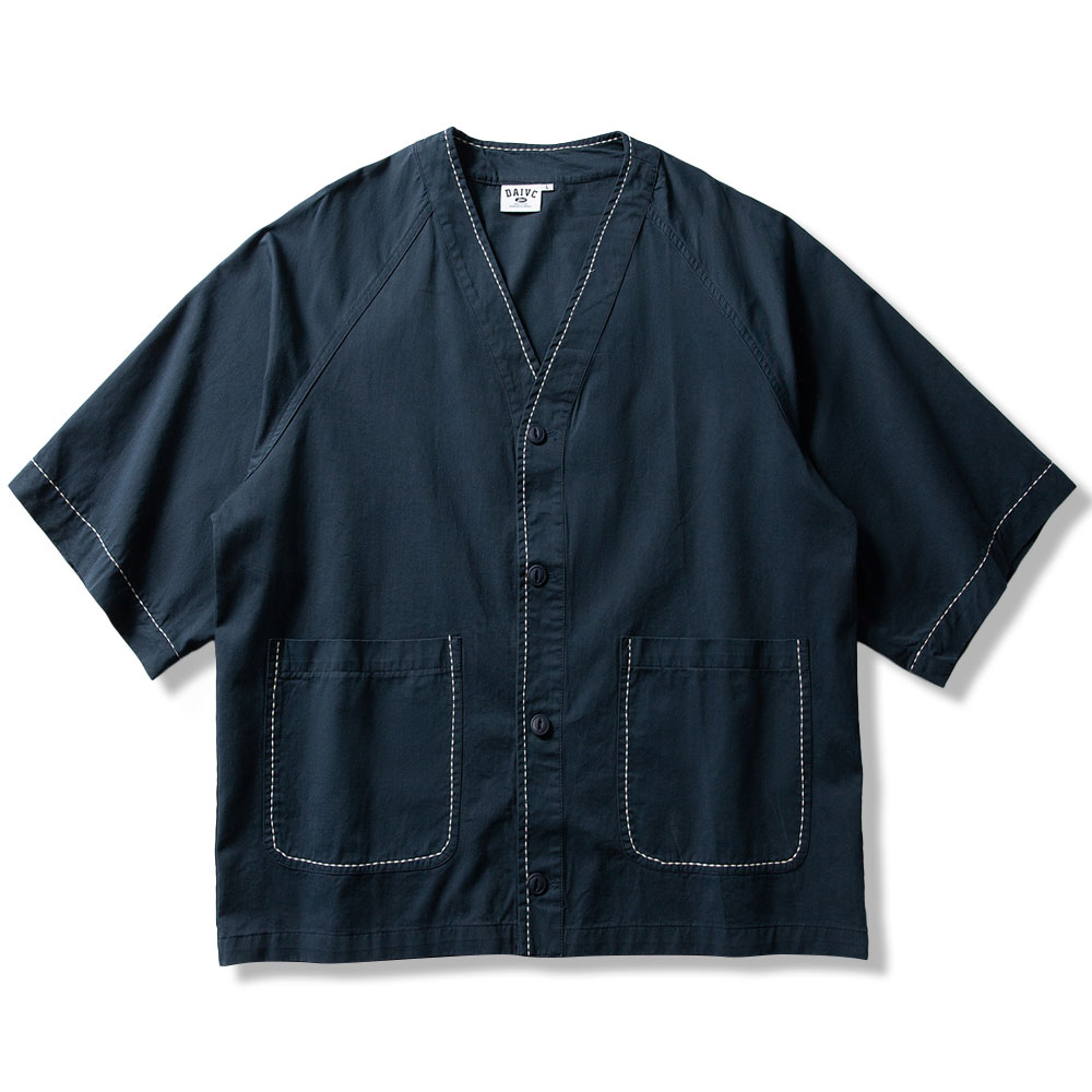 和風刺し子　ノーカラーラグランスリーブシャツ