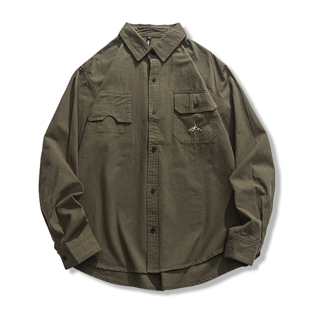 無地　 ミニマル刺繍入りワーク長袖シャツメンズ