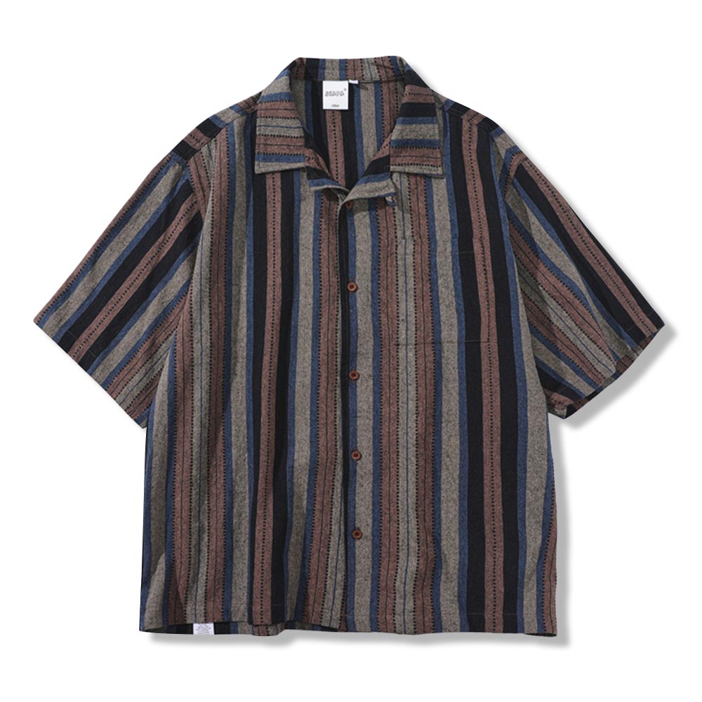 レトロ風 ストライプ開襟 シャツ 半袖