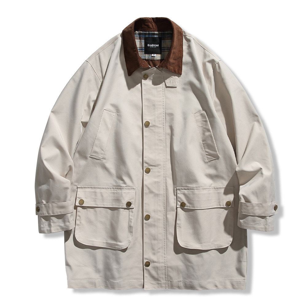 コーデュロイ切り替えブリティッシュハンティングジャケット　ミディアムロング