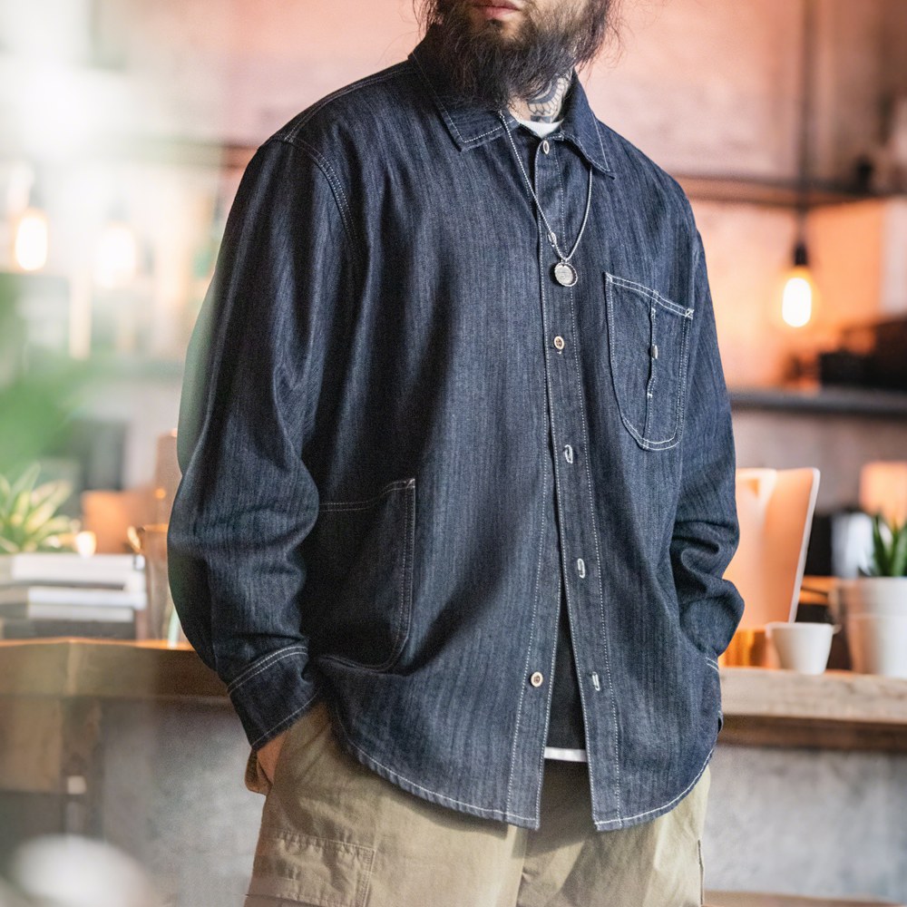 アメリカヴィンテージ　U型大きめポケット付きウォッシュデニムシャツ